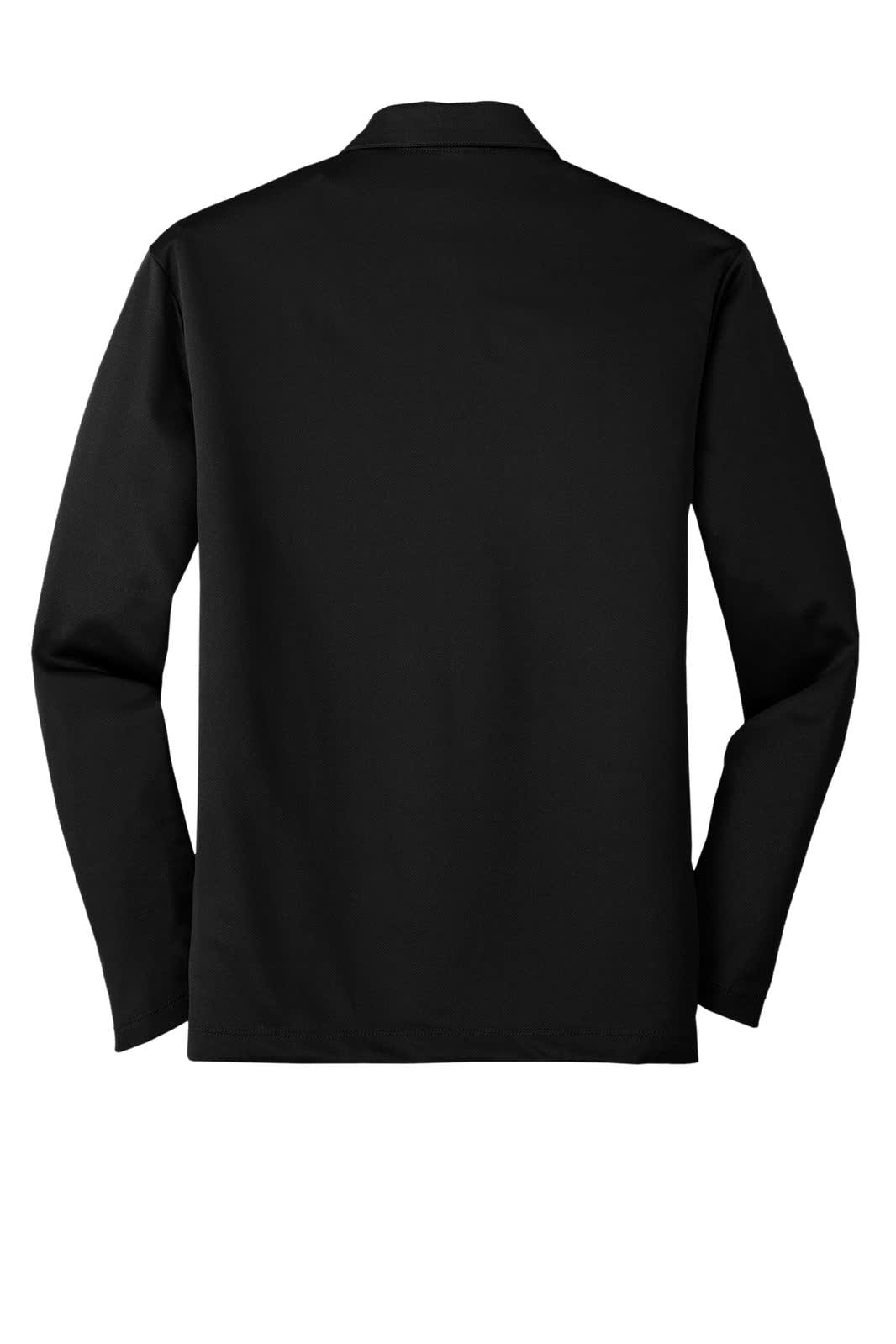 A black long sleeve polo shirt with a collar, featuring a logo on the back.