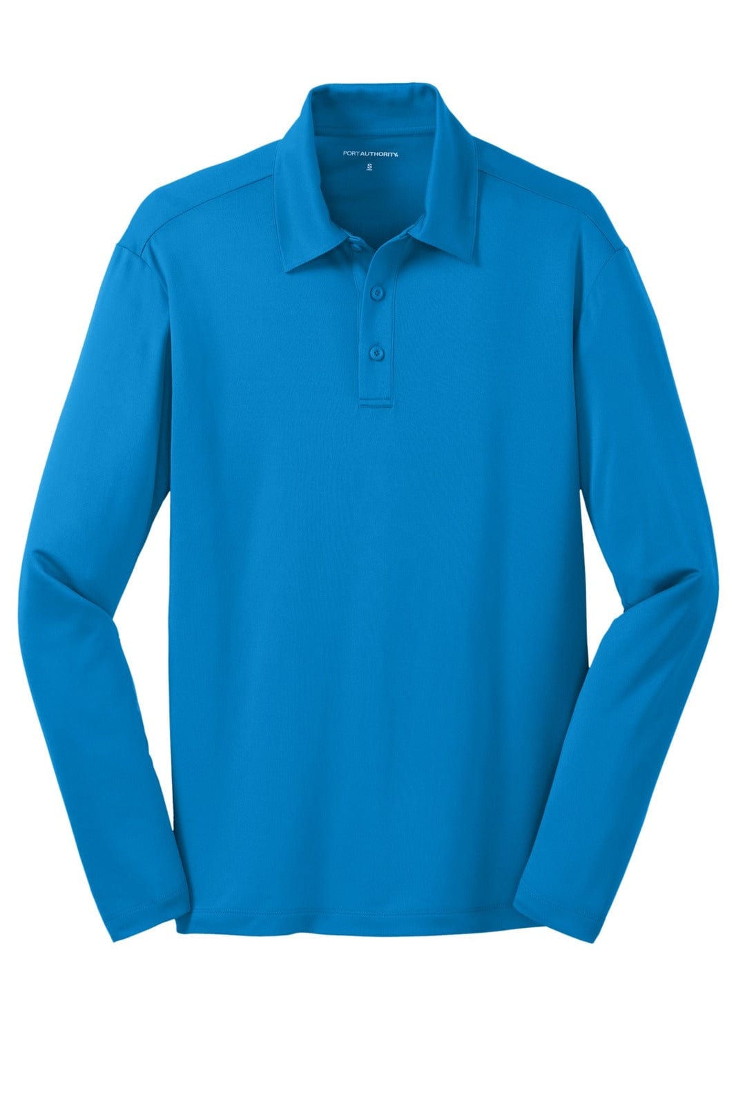 A vibrant blue long sleeve polo shirt with a collar and button closure, featuring a logo.