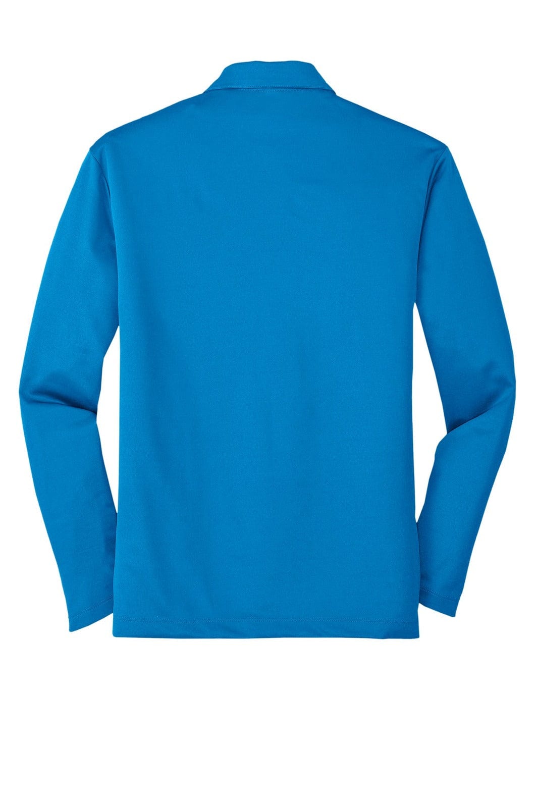 A blue long sleeve polo shirt featuring a classic design and a logo on the back.