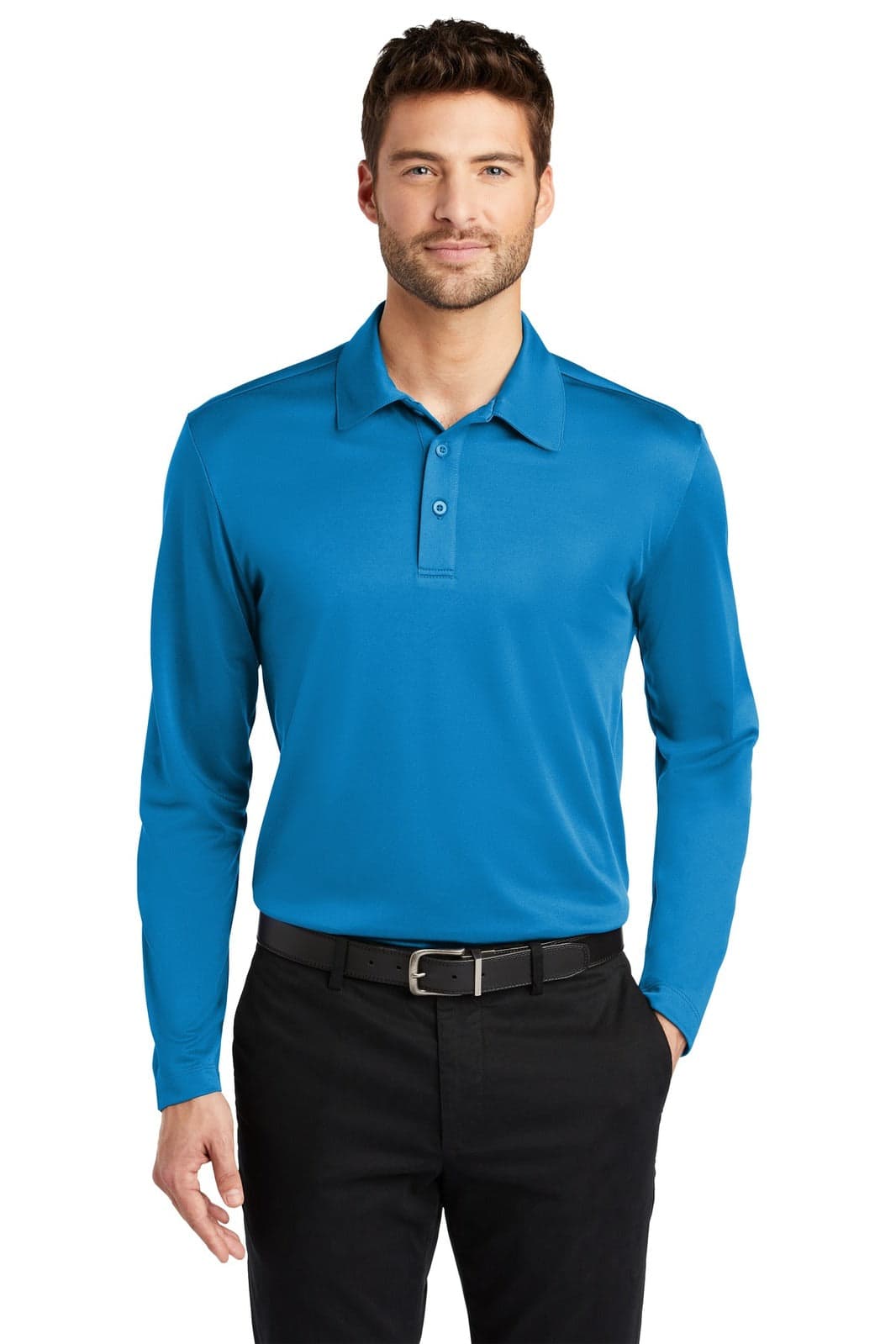 A long-sleeve polo shirt in bright blue, featuring a collar and buttons, worn with black trousers.