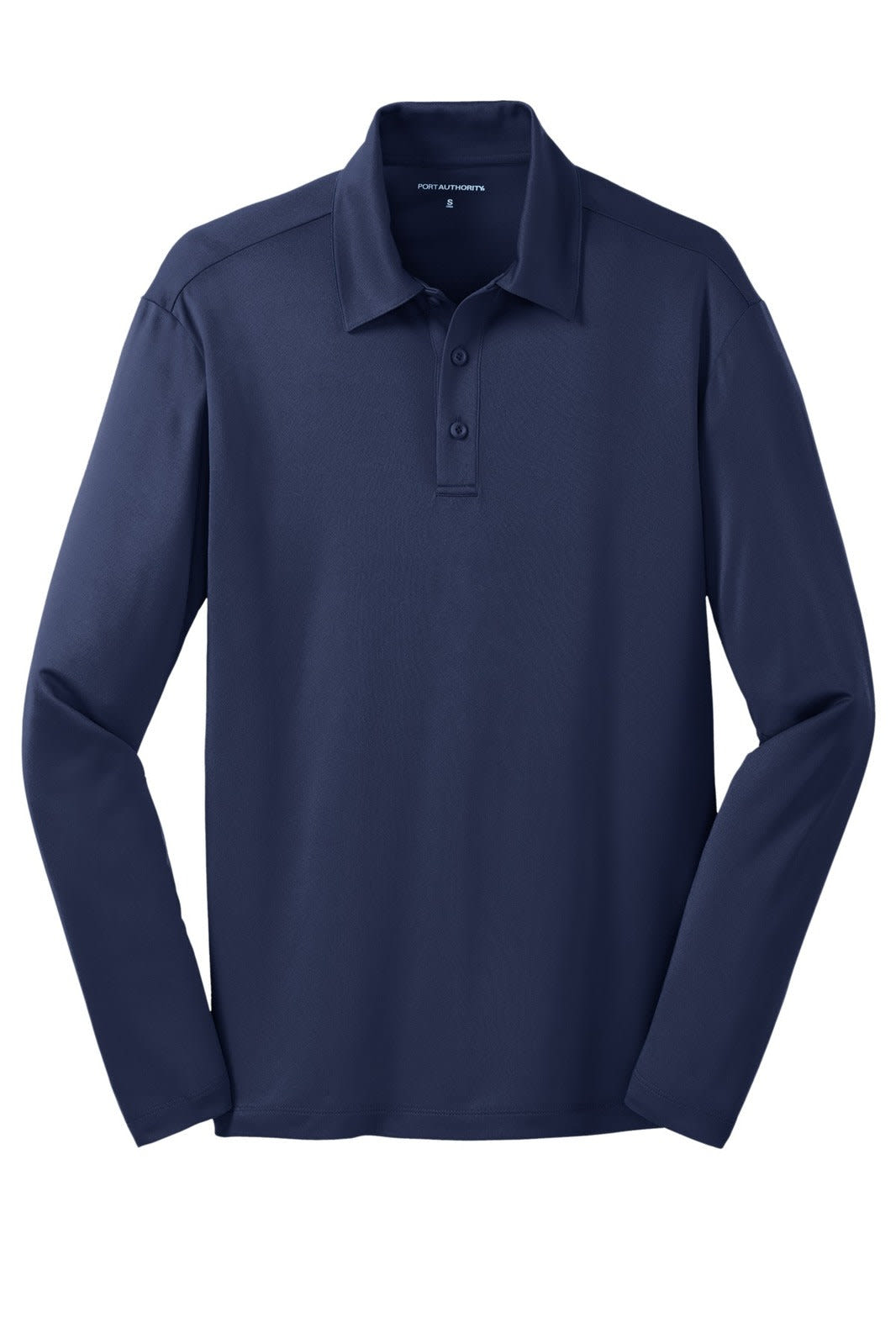 A navy long sleeve polo shirt featuring a collar, buttons, and a logo. Made from performance fabric.