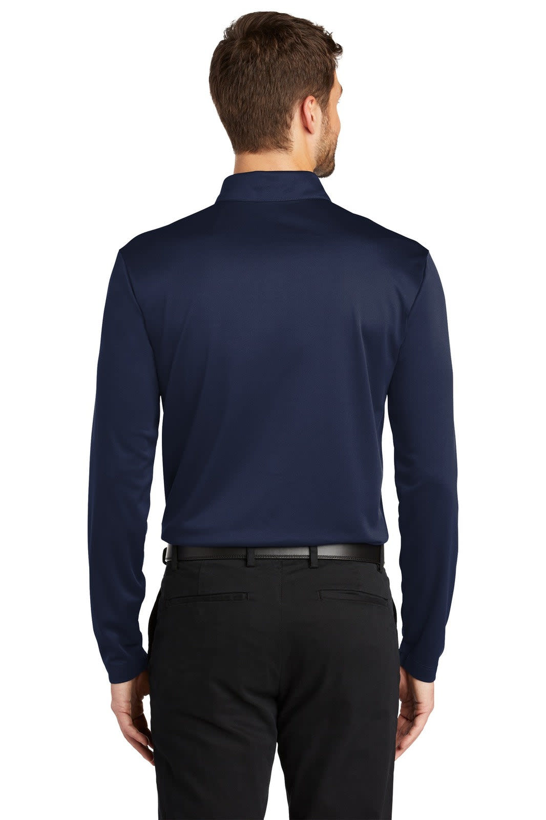 A long sleeve navy polo shirt, featuring a collar, viewed from the back. It has a logo on the side.