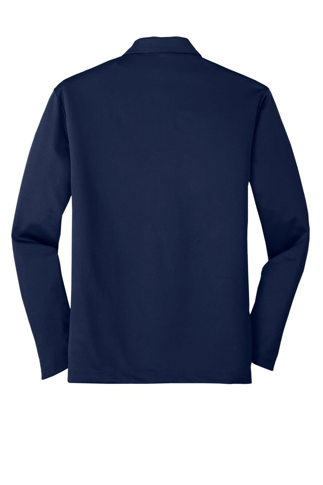 A navy long sleeve polo shirt with a collar, featuring a logo on the back.