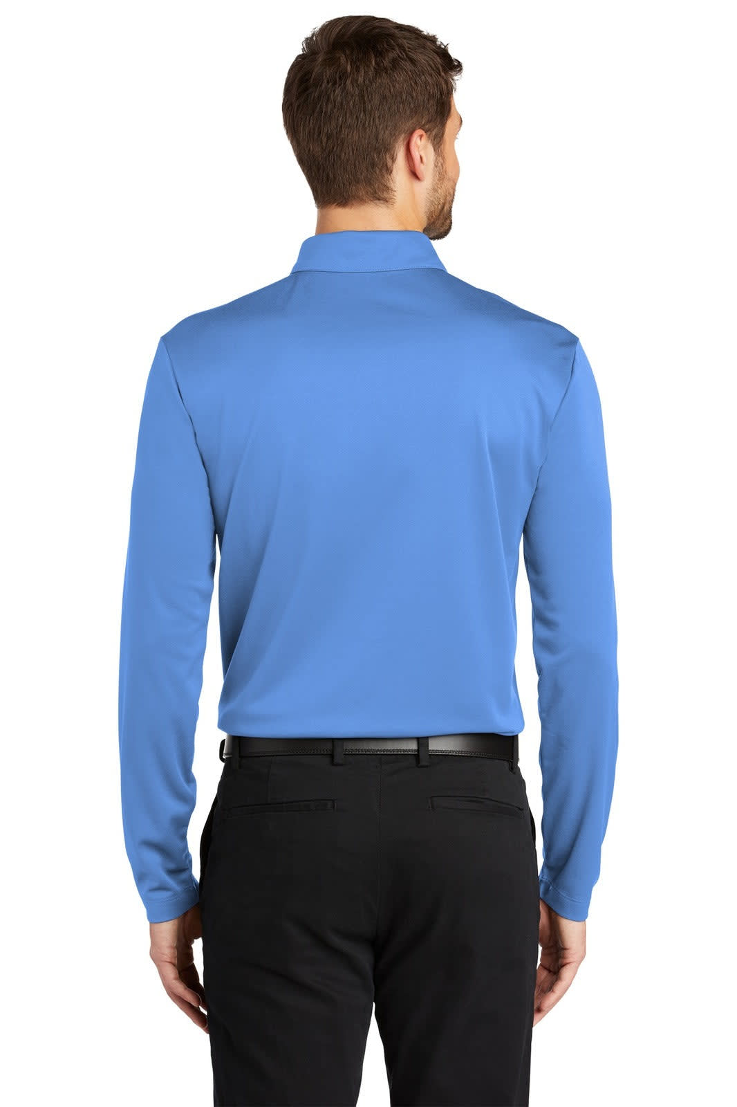 A long sleeve polo shirt in a light blue colour, featuring a simple design and a branded logo.