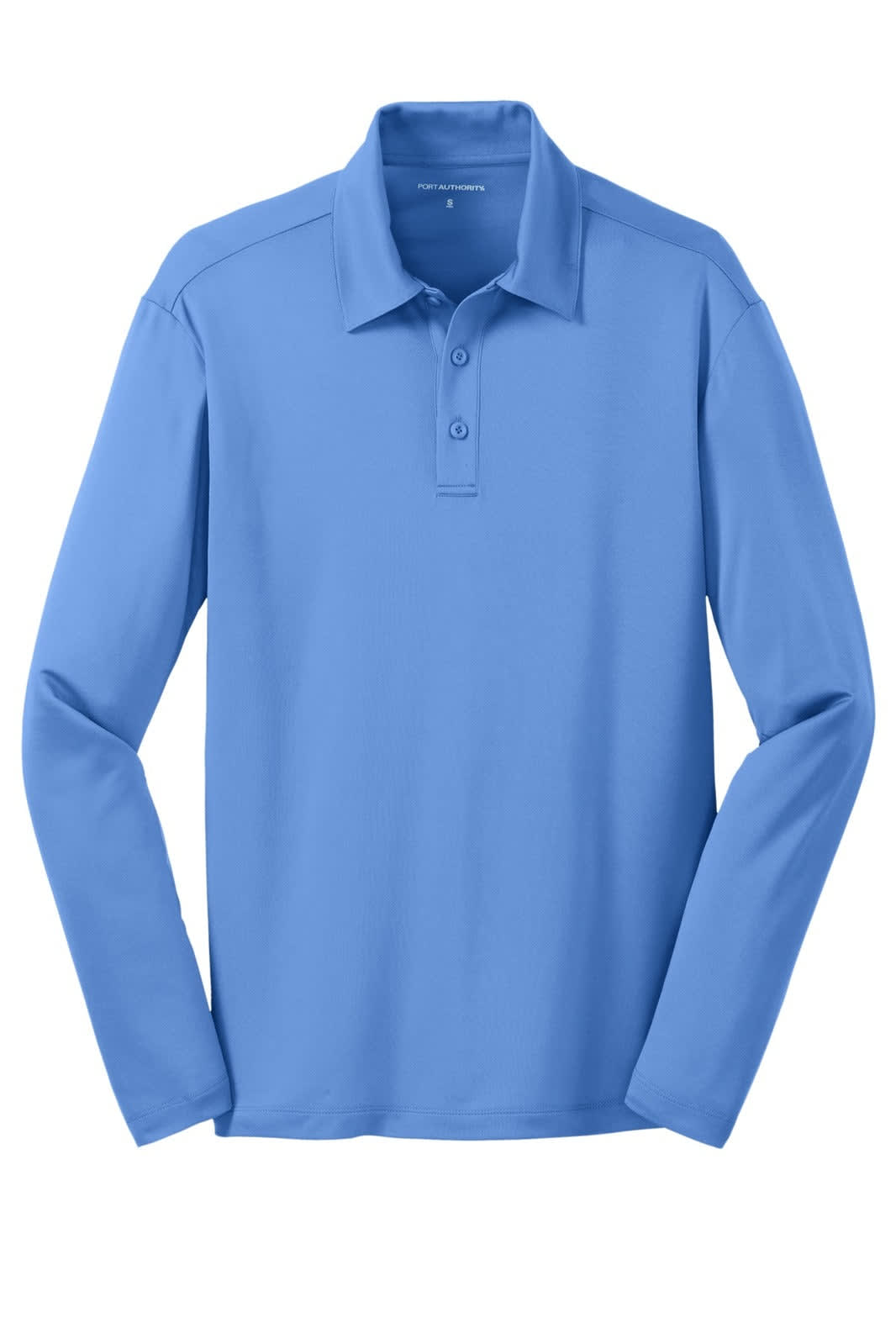 A long sleeve polo shirt in light blue, featuring a collar and a logo on the chest.