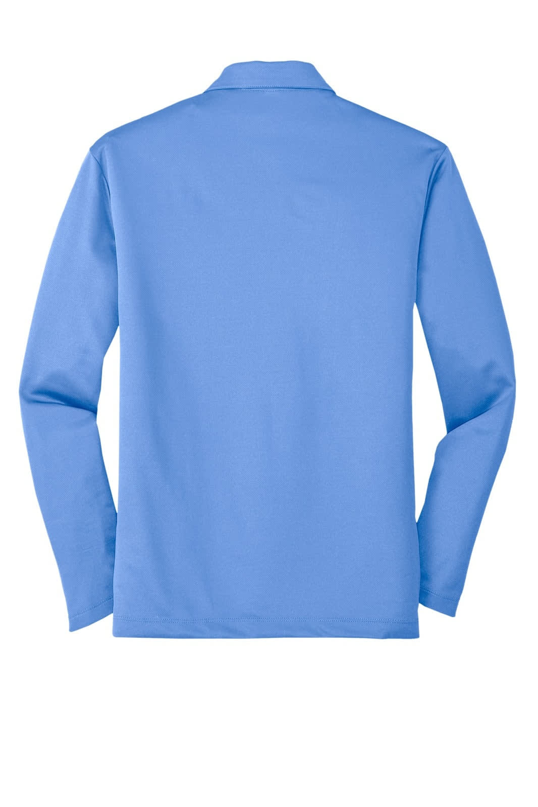 A blue long sleeve polo shirt with a collar and an emblem on the front.