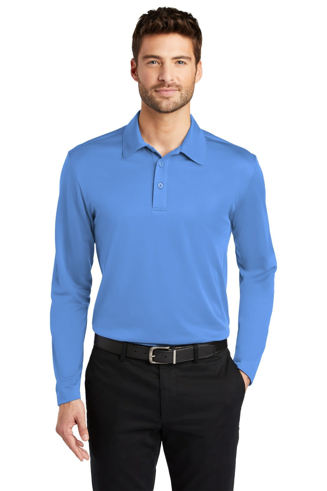 A long sleeve polo shirt in a vibrant blue colour, featuring a collar and a logo on the chest.