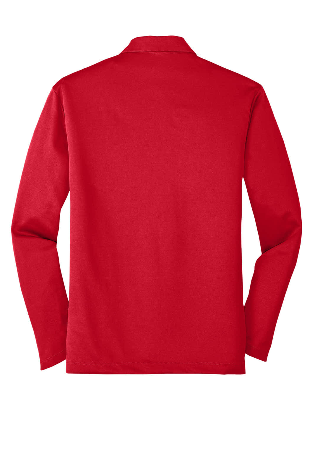 A red long sleeve polo shirt with a plain back. Features a collar and long sleeves. Includes a logo.