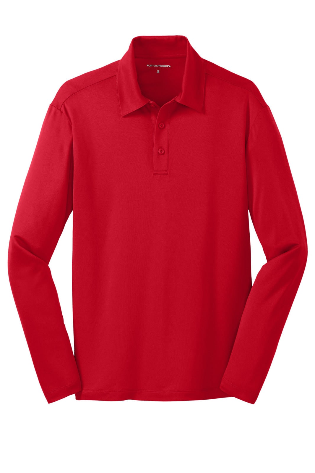 A long sleeve polo shirt in vibrant red, featuring a classic collar and a branded label.