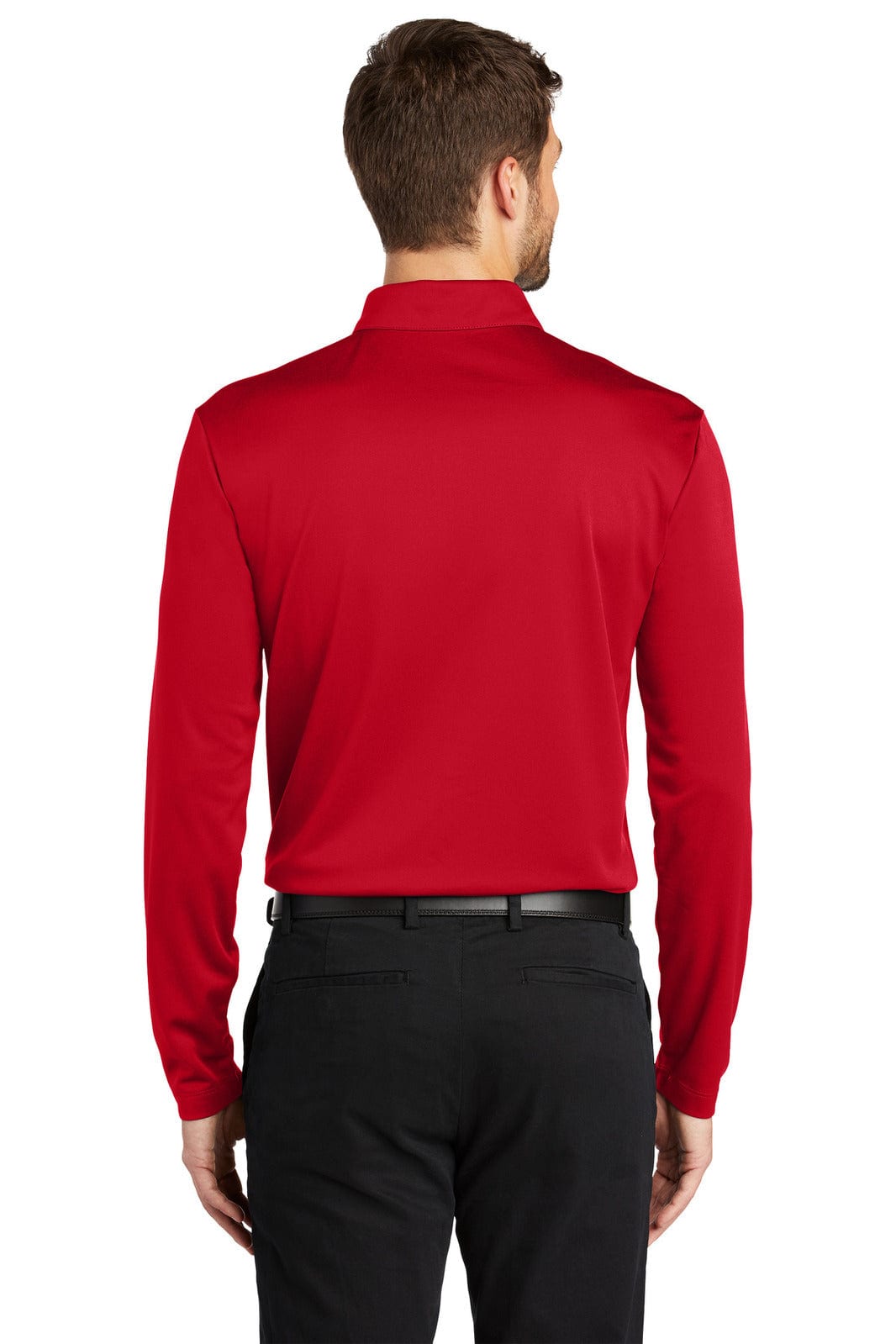 A red long sleeve polo shirt from Port Authority, featuring a logo on the back.