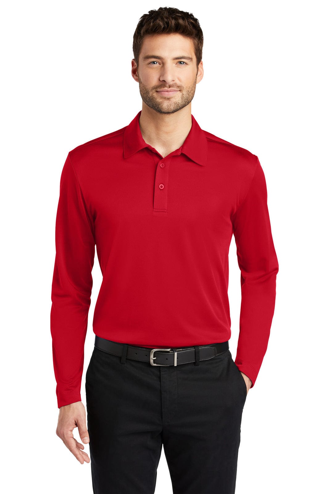 A red long sleeve polo shirt featuring a collar, buttons, and a logo on the chest.