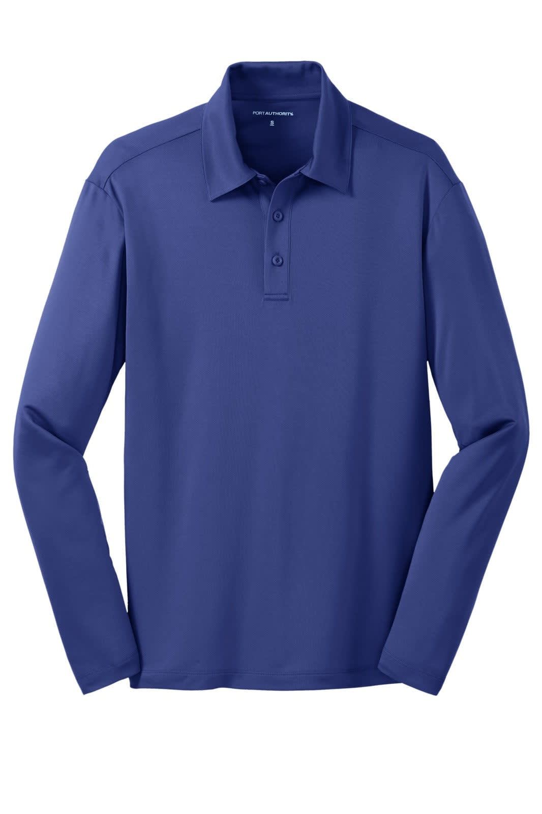 A navy long sleeve polo shirt with a collar and buttons, featuring a logo on the front.