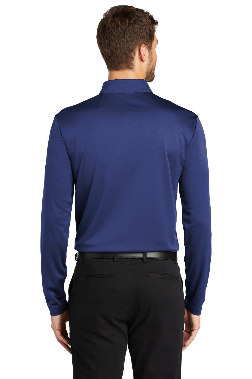 A blue long sleeve polo shirt with a collar and branding on the back, paired with black trousers.