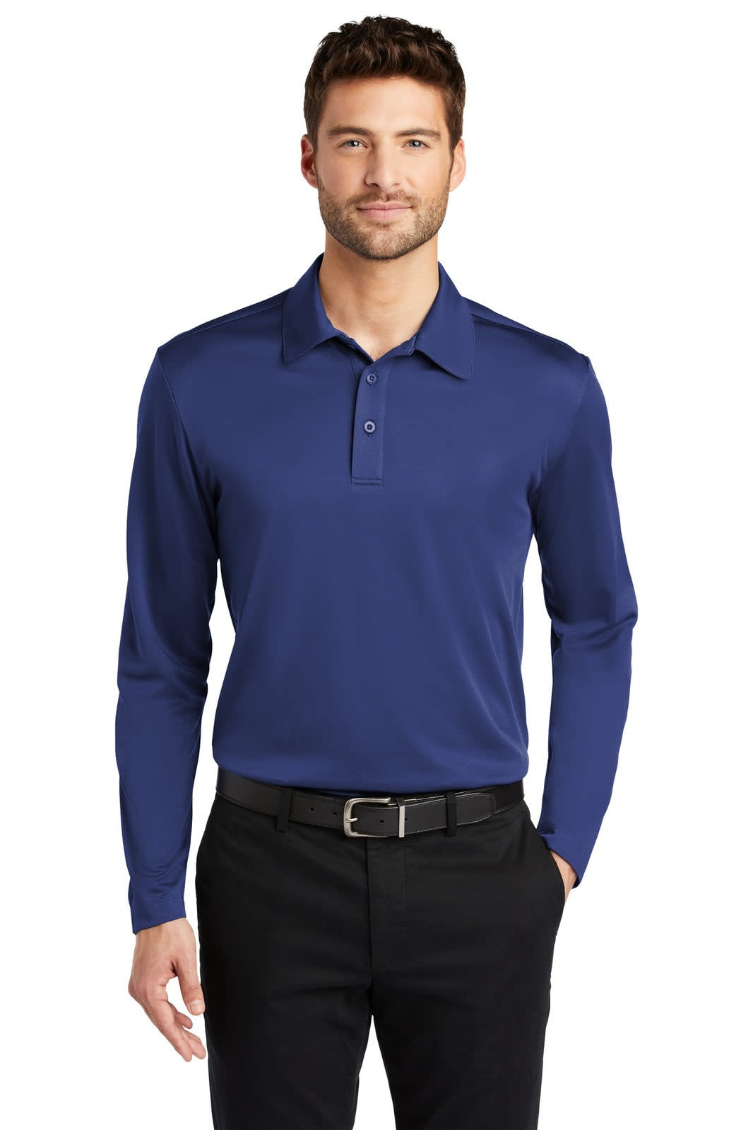 A navy long sleeve polo shirt with a collar and a logo on the left side, worn by a man.