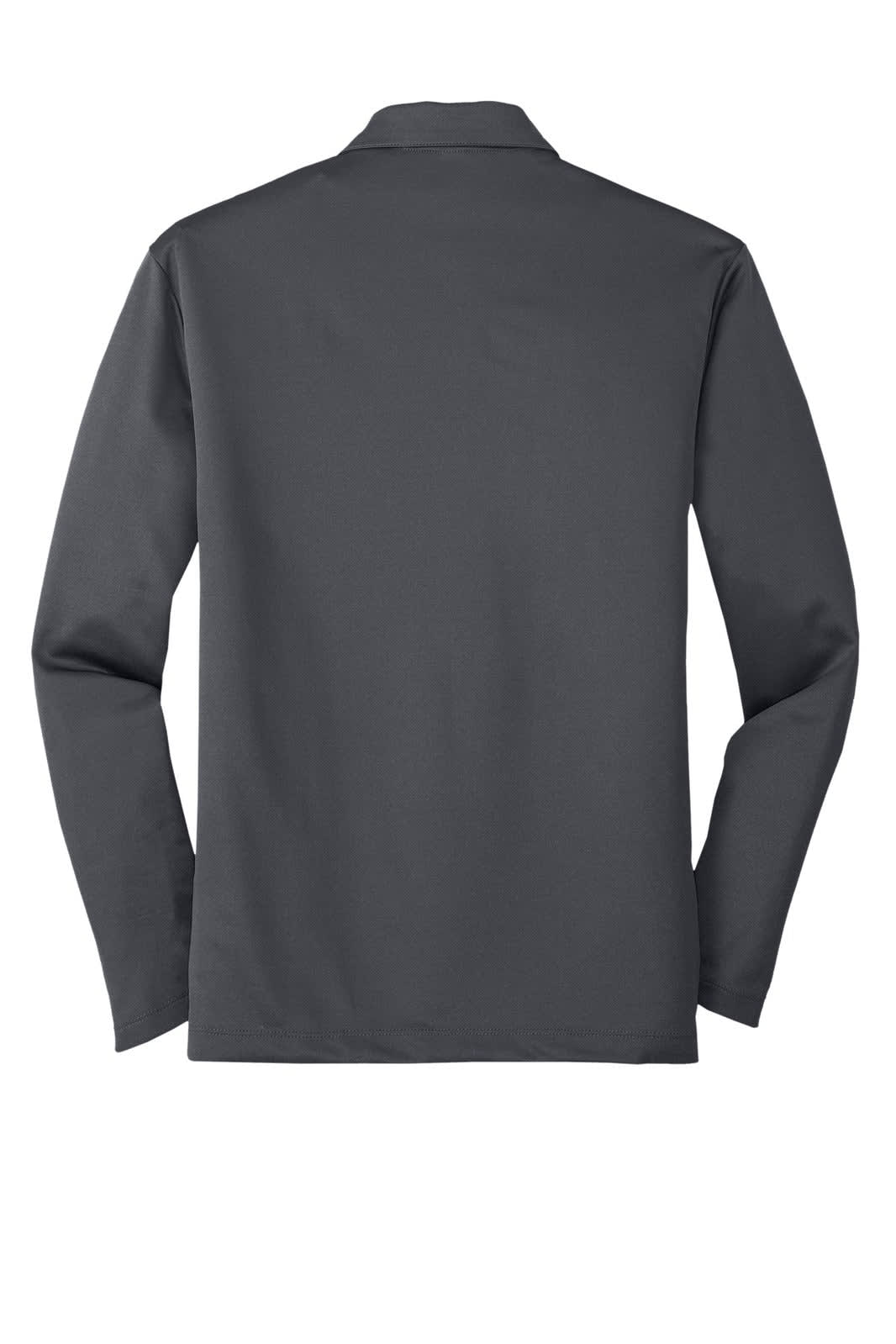 A long sleeve polo shirt in a dark grey colour, featuring a collar and a branding logo on the back.