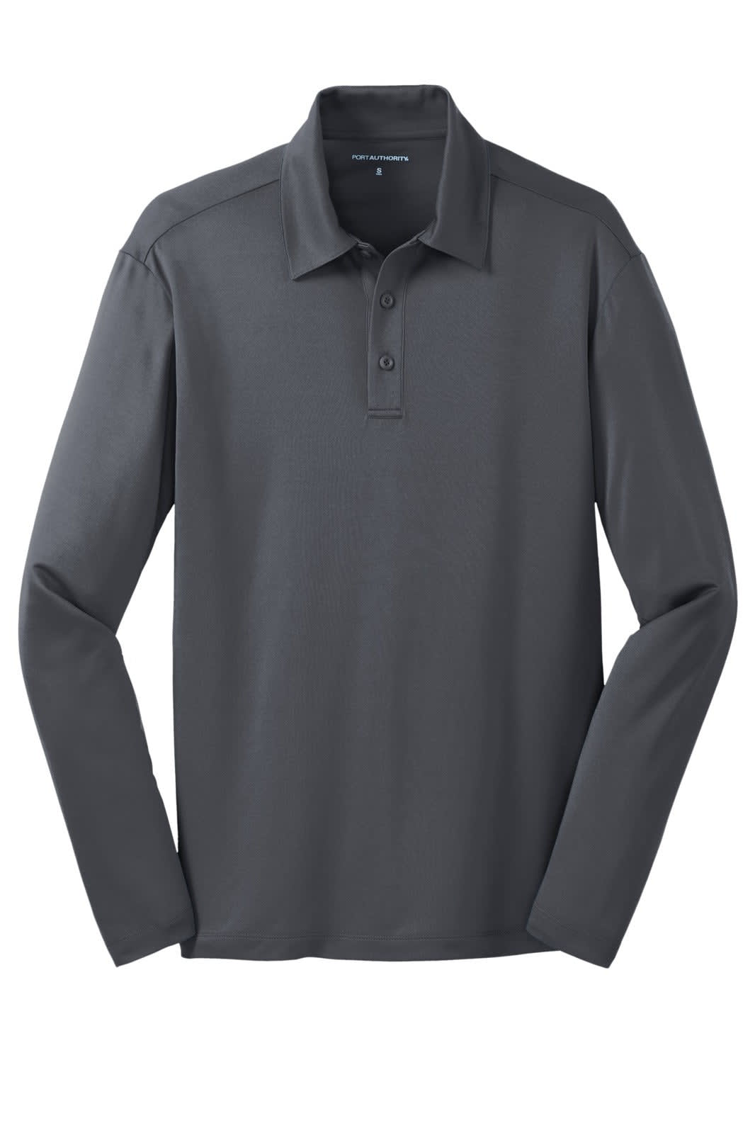 A long-sleeve polo shirt in dark grey, featuring a collar and buttons, with a logo on the chest.