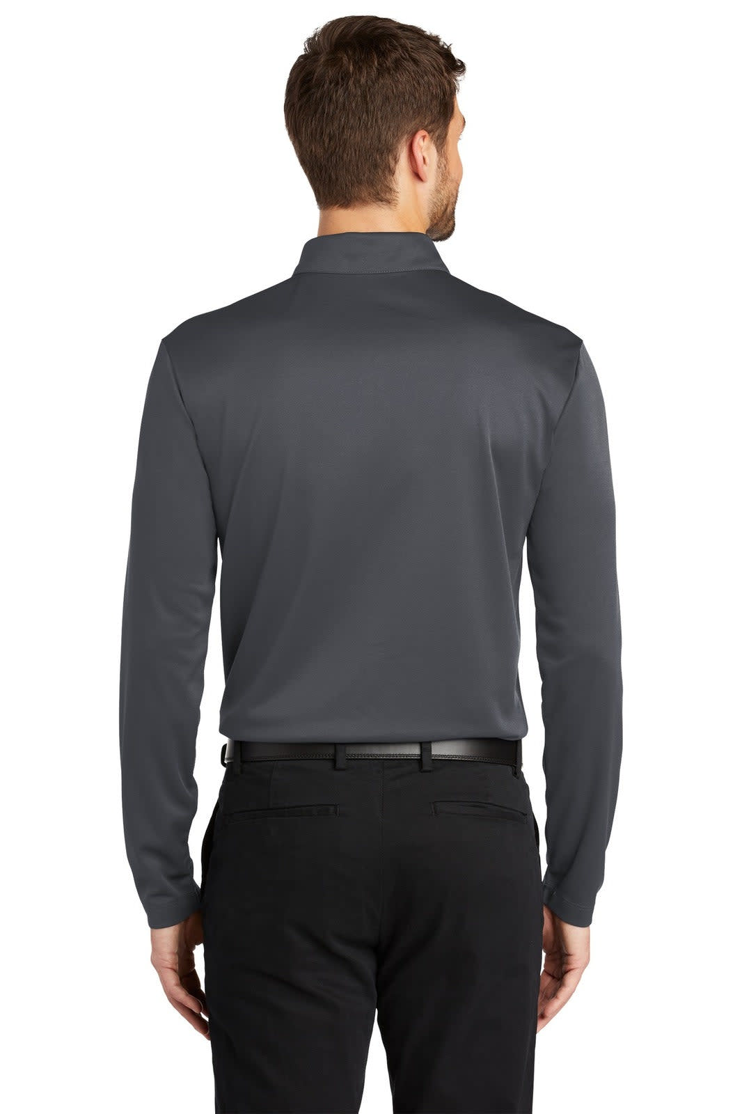 A long sleeve polo shirt in dark grey with a collar and a logo on the back.