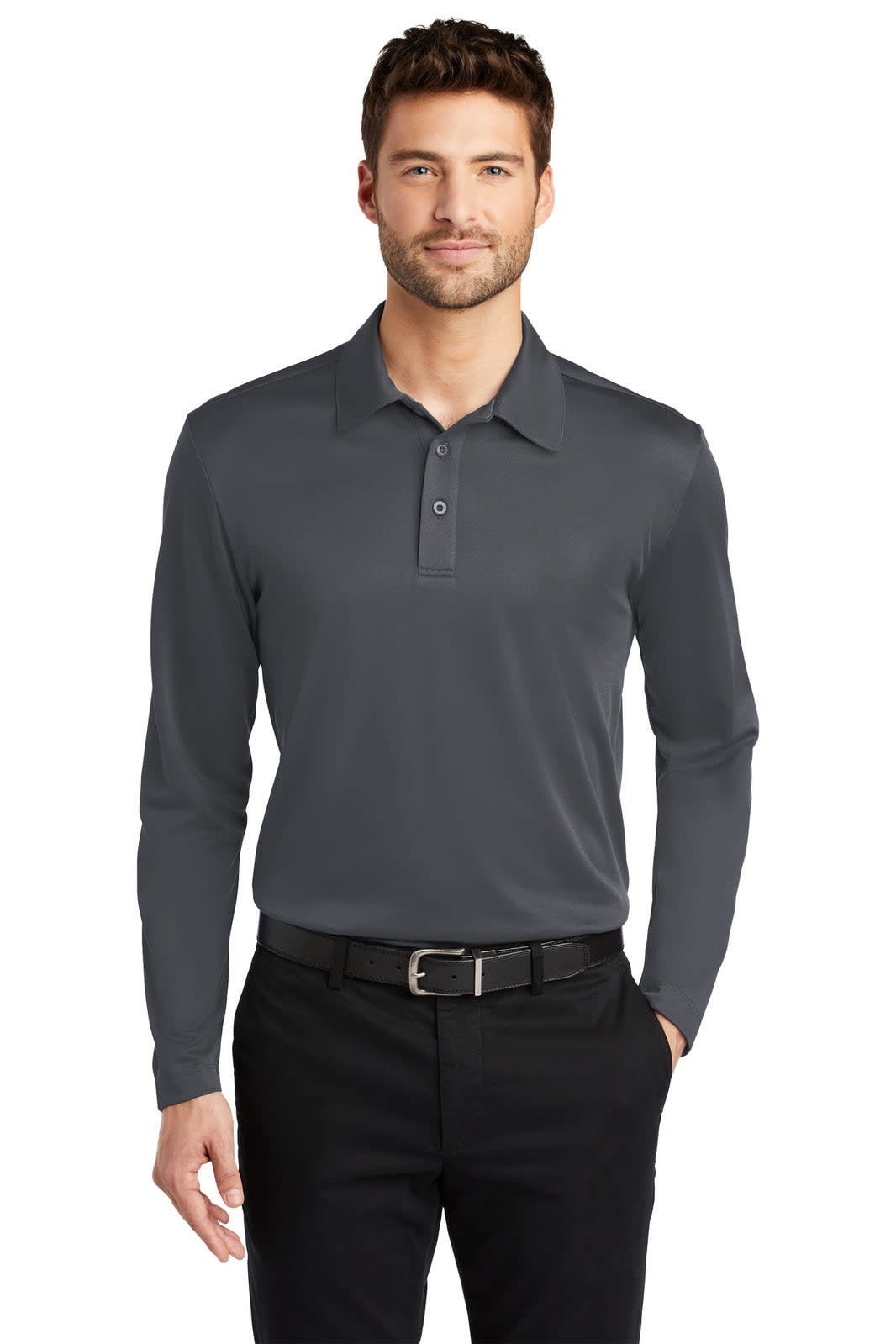 A long sleeve polo shirt in dark grey, featuring a collar and a logo on the chest.