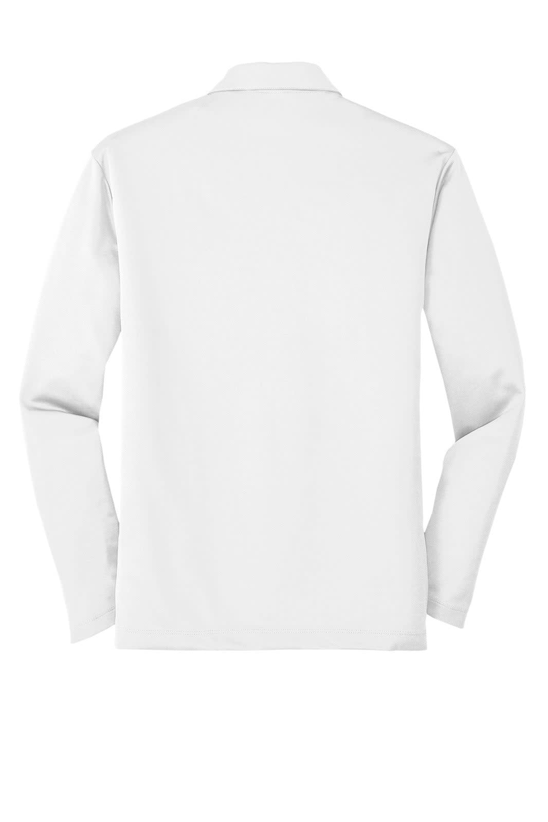 A white long sleeve polo shirt featuring a collar and a logo on the back.