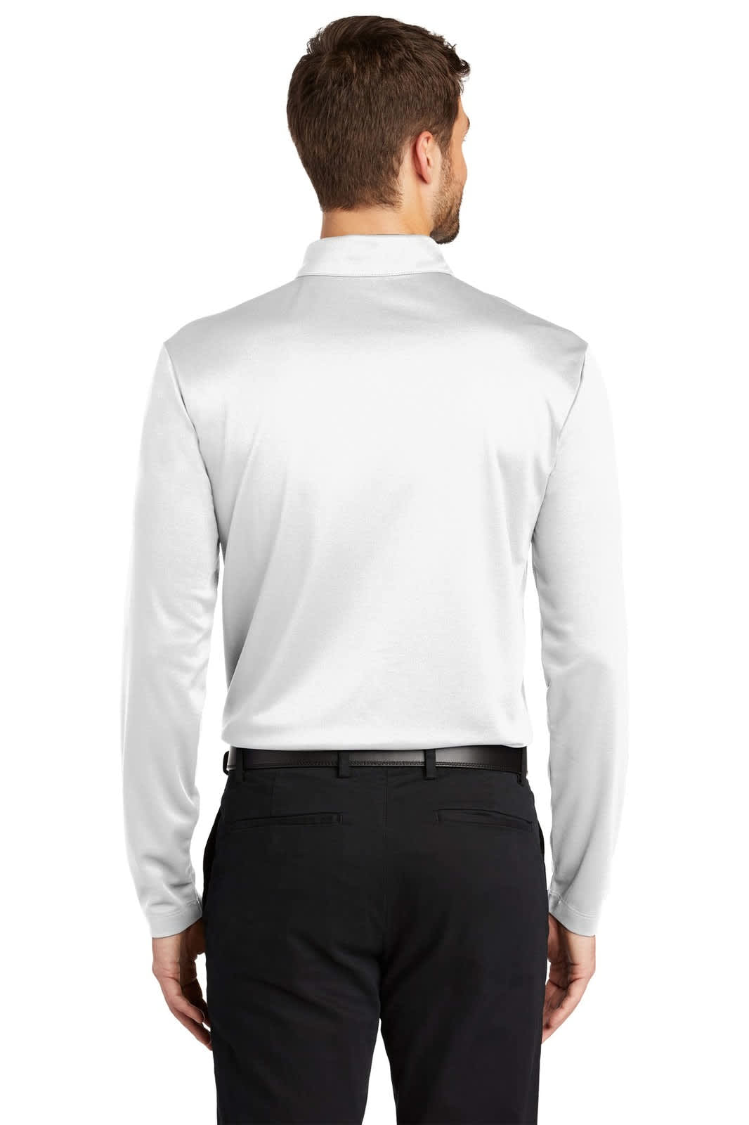 A white long sleeve polo shirt with a collar, featuring a logo on the back, paired with black trousers.