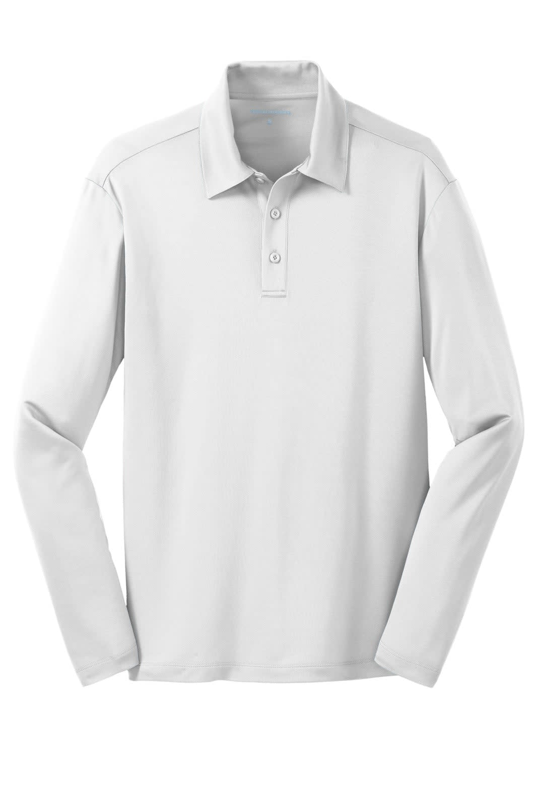 A long sleeve polo shirt in white, featuring a classic collar and a logo on the chest.