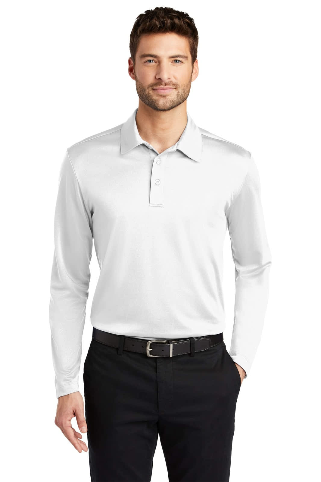 A man wearing a long sleeve, light grey polo shirt with a collar and a logo on the chest, paired with black pants.