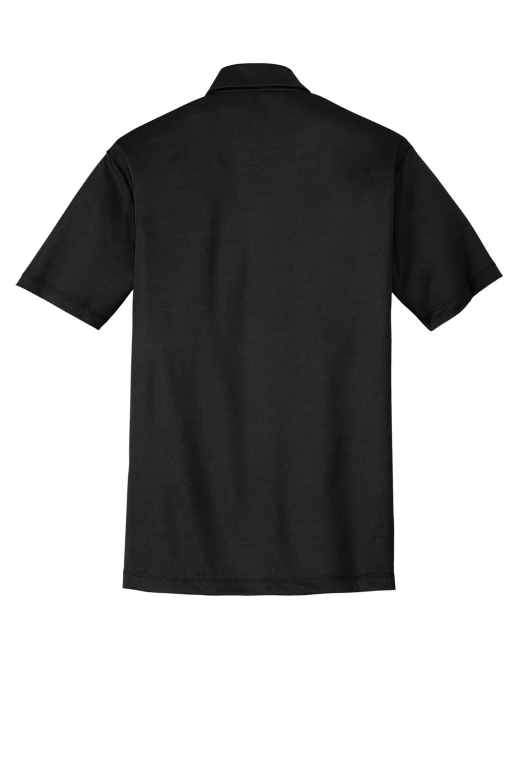 A black polo shirt featuring short sleeves and a back view, with a pocket and a logo.