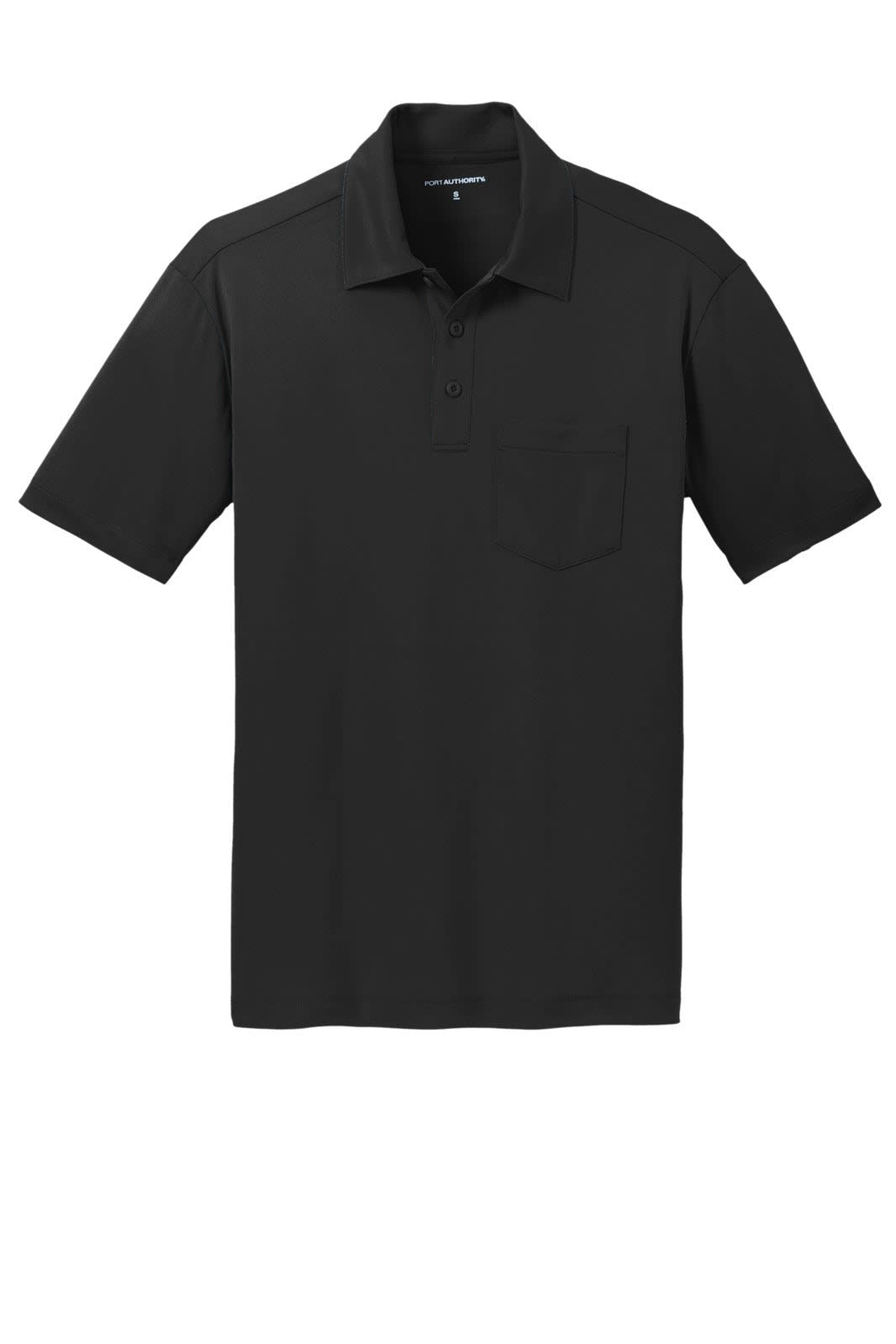 A black polo shirt featuring a collar, short sleeves, and a front pocket. It includes a logo on the design.