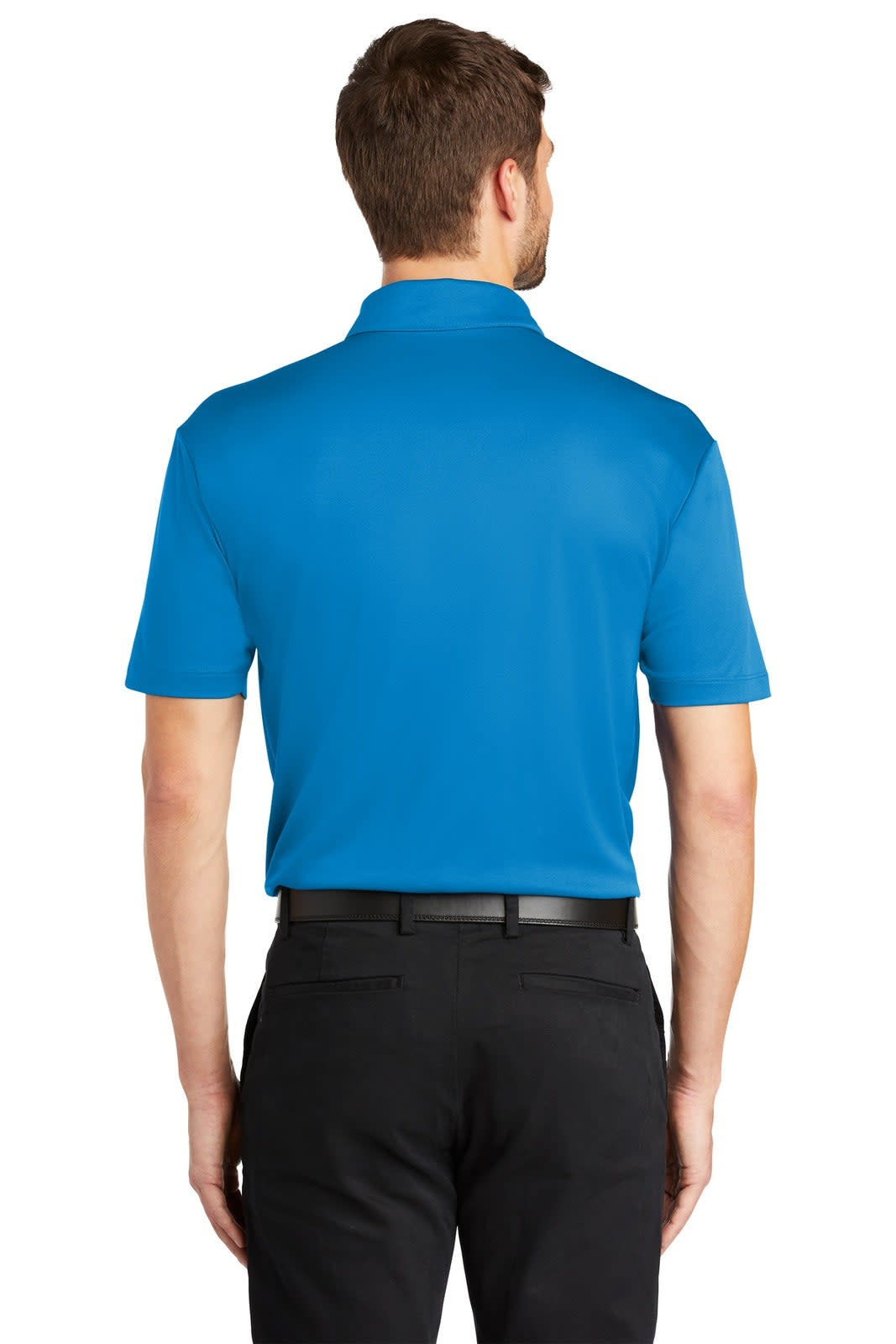 A blue polo shirt is displayed from the back, featuring short sleeves and a collar. It has a logo on the upper back.