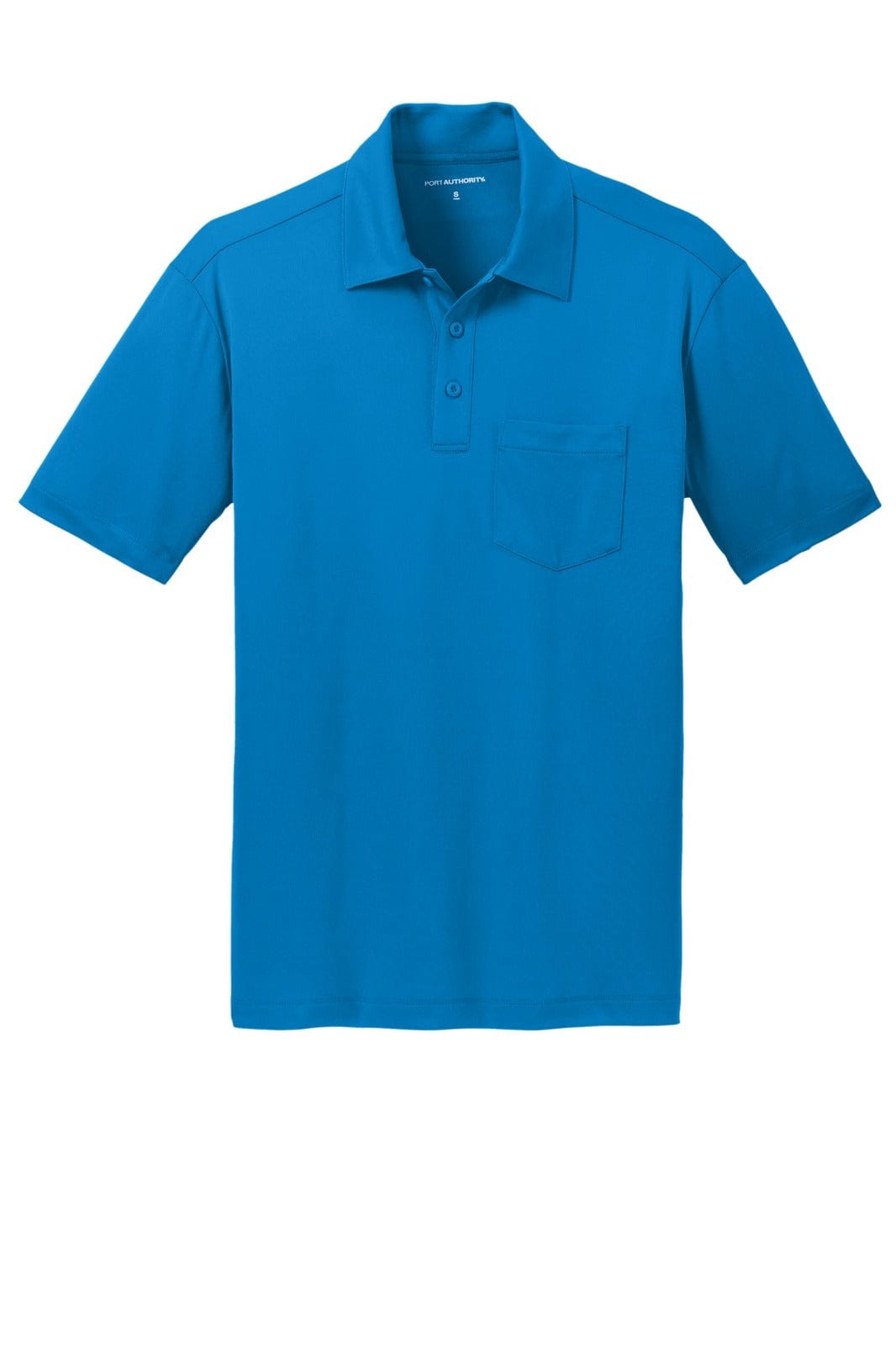 A blue polo shirt with a pocket, featuring a collar and short sleeves. It has a logo on the chest area.