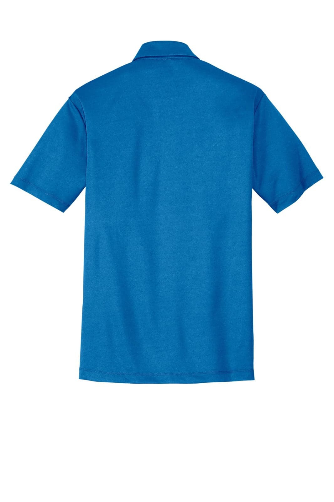 A short-sleeved polo shirt in a vibrant blue colour, featuring a pocket and a logo on the front.