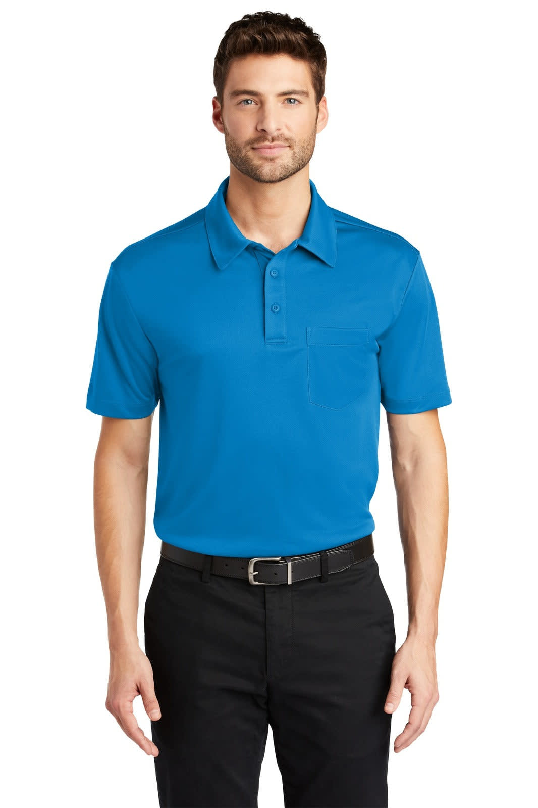 A blue polo shirt featuring a pocket, short sleeves, and a collar, worn by a male model with black trousers.