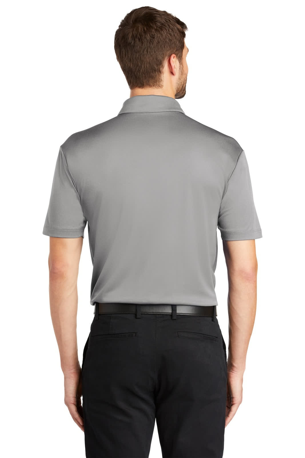 A grey polo shirt with a collar and short sleeves, featuring a logo on the back.