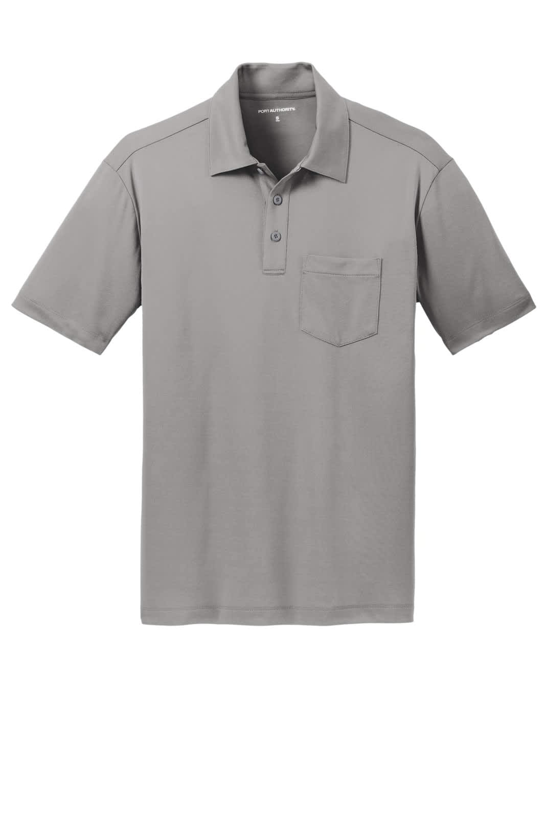 A light grey polo shirt with a pocket and short sleeves, featuring a small logo.