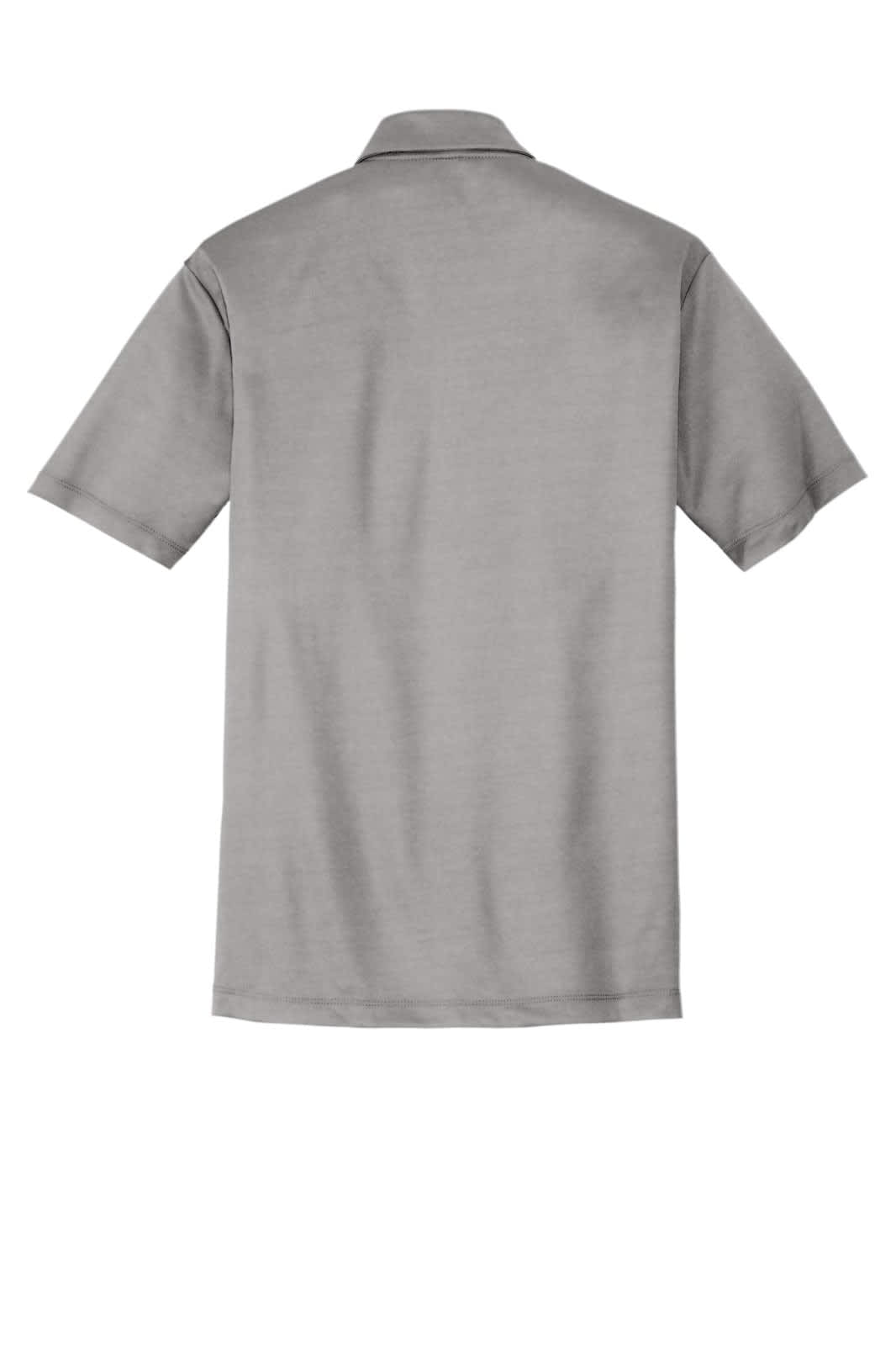 A grey short-sleeve polo shirt featuring a pocket and a logo on the chest.