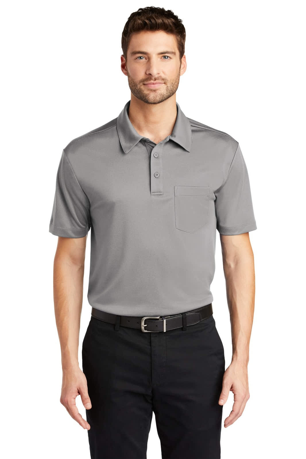 A grey polo shirt with a pocket, featuring a collar and short sleeves, modelled by a man. Includes a logo.