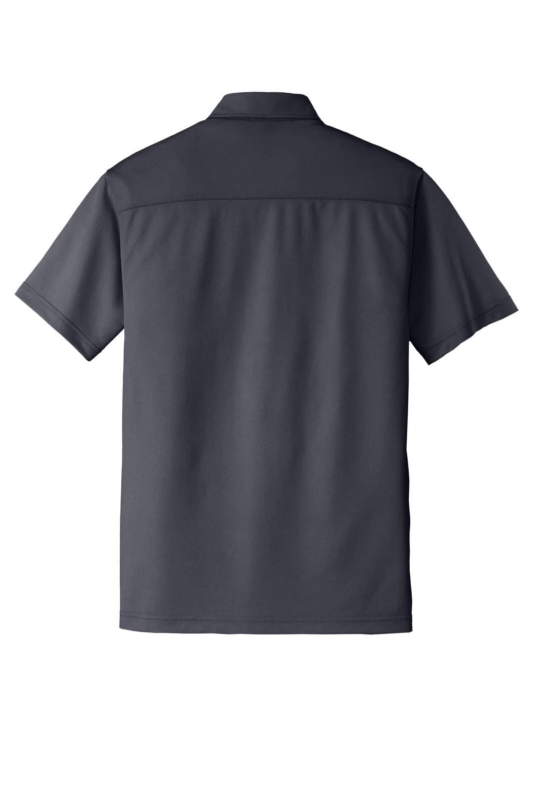 A grey polo shirt with short sleeves and a collar, featuring a logo on the back.