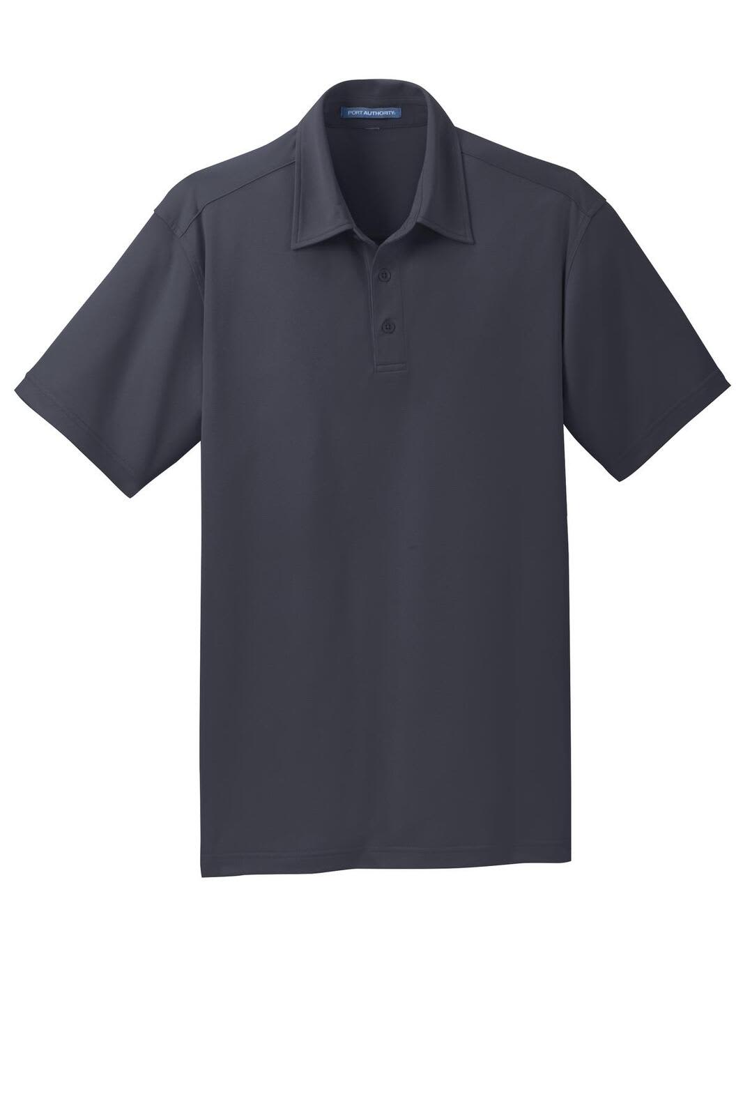 A dark navy polo shirt with a collar and three-button placket, featuring a logo on the chest.