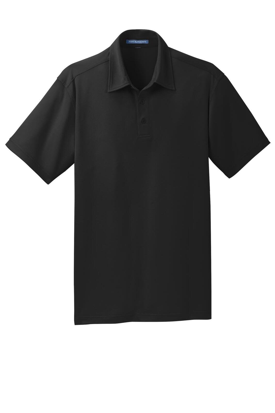A black polo shirt with a collar, featuring short sleeves and a logo on the chest.