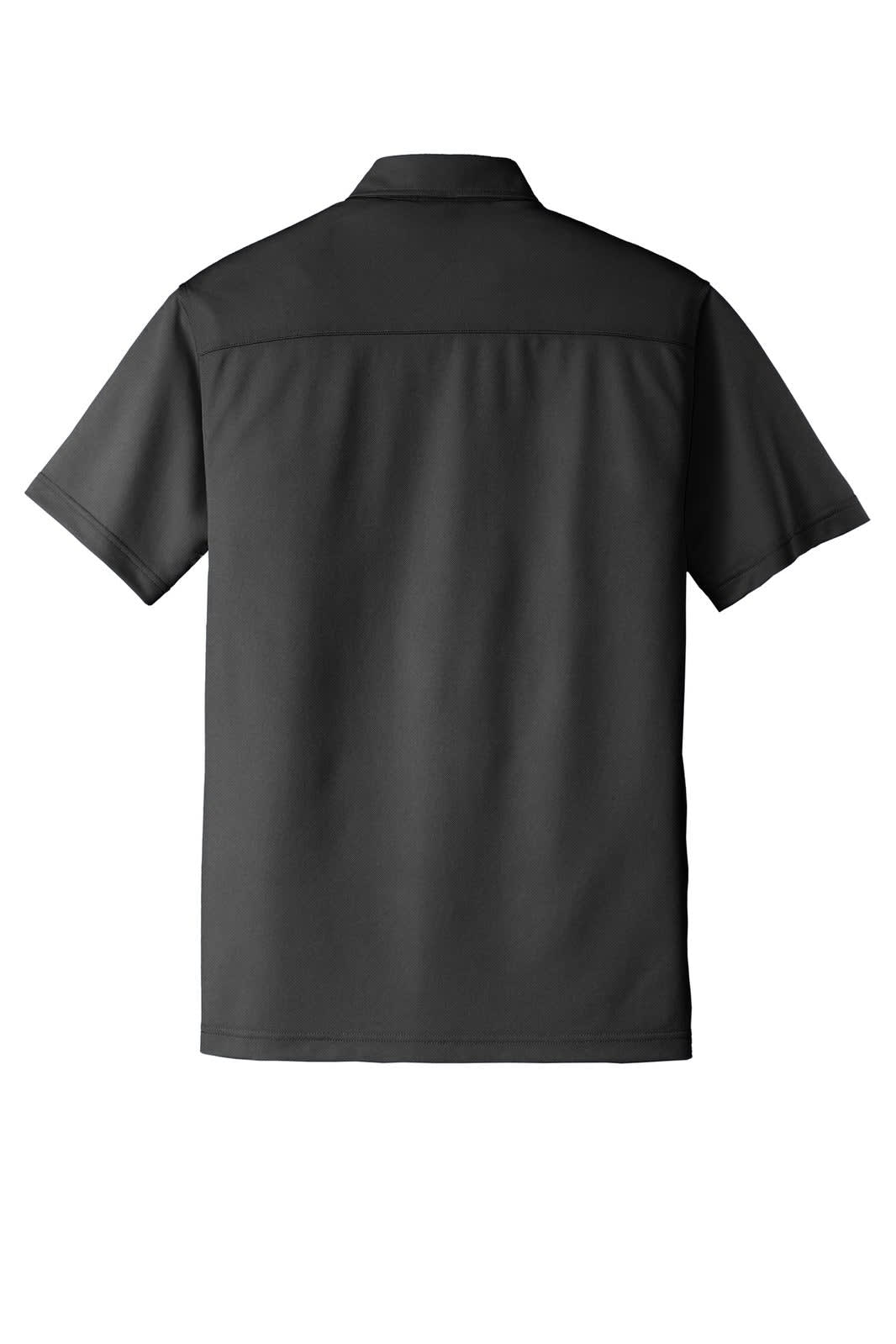 A black polo shirt featuring a simple design and a logo. The back view showcases a smooth, clean finish.