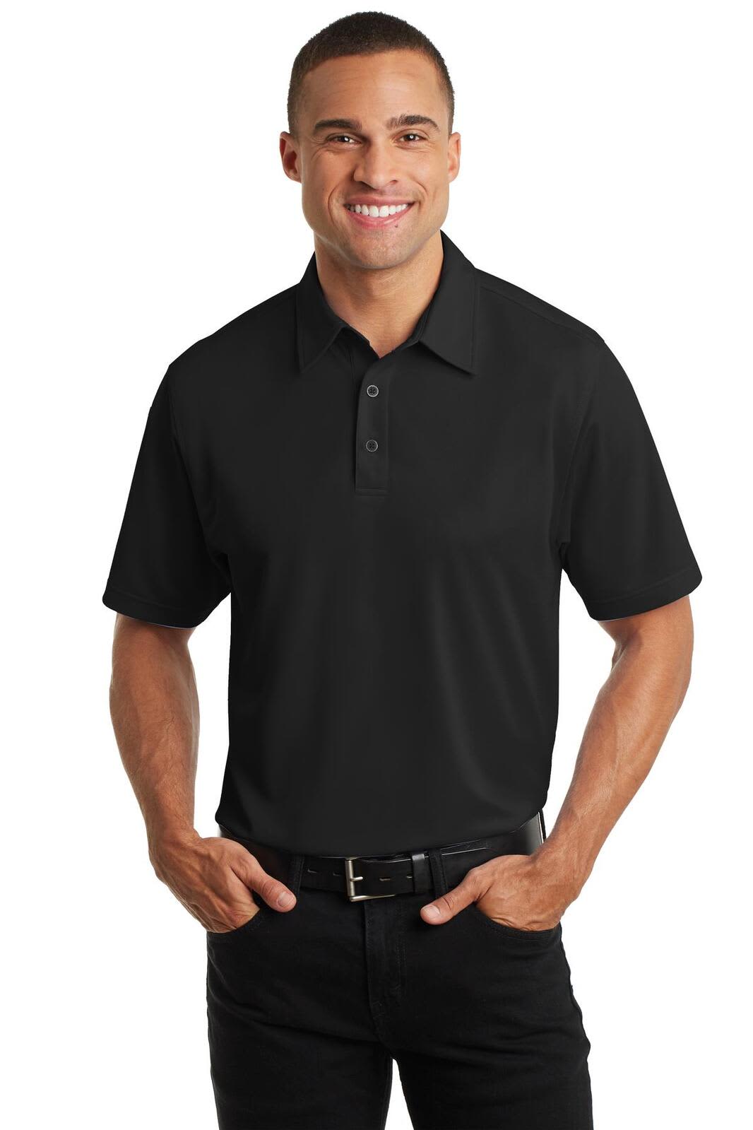 A man is wearing a black polo shirt, featuring a collar and three buttons, with a logo on the chest.