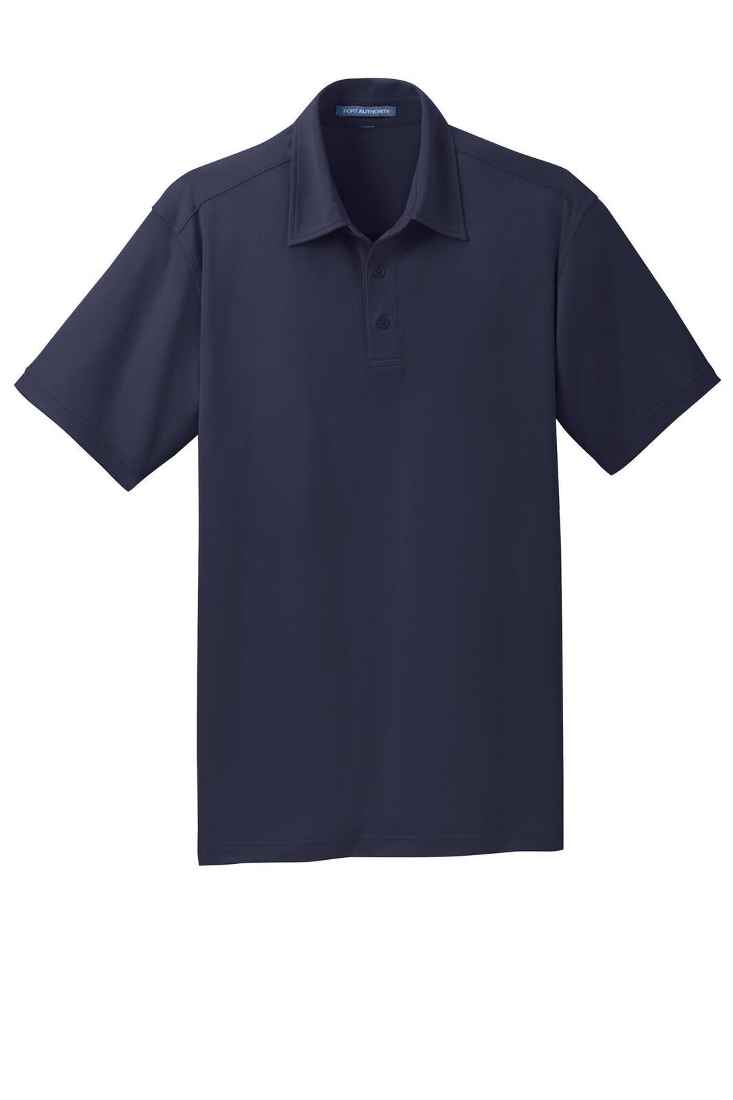 A navy blue polo shirt with short sleeves and a collar, featuring a logo on the chest.