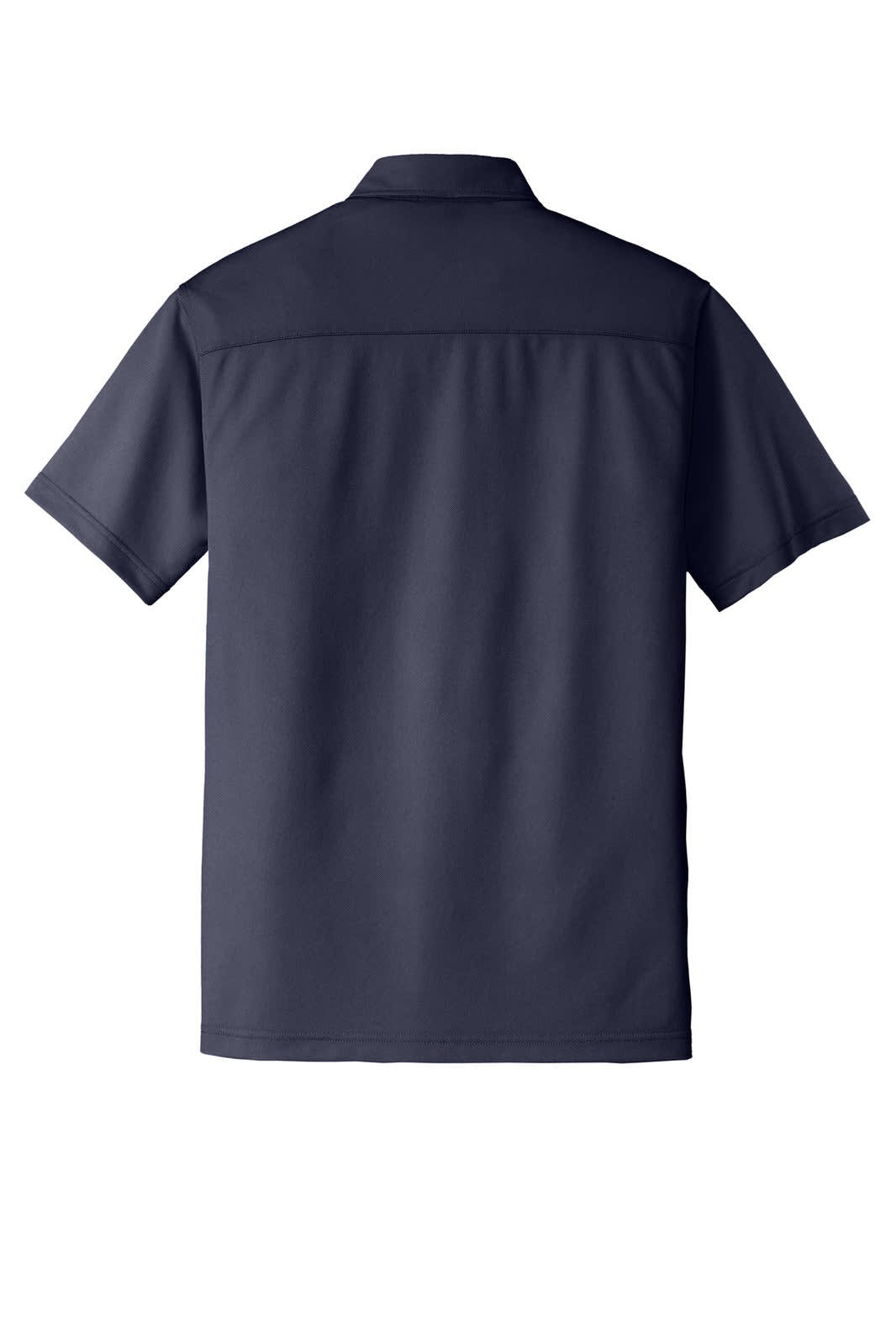 A navy blue polo shirt with a collar and short sleeves, featuring a logo on the back.