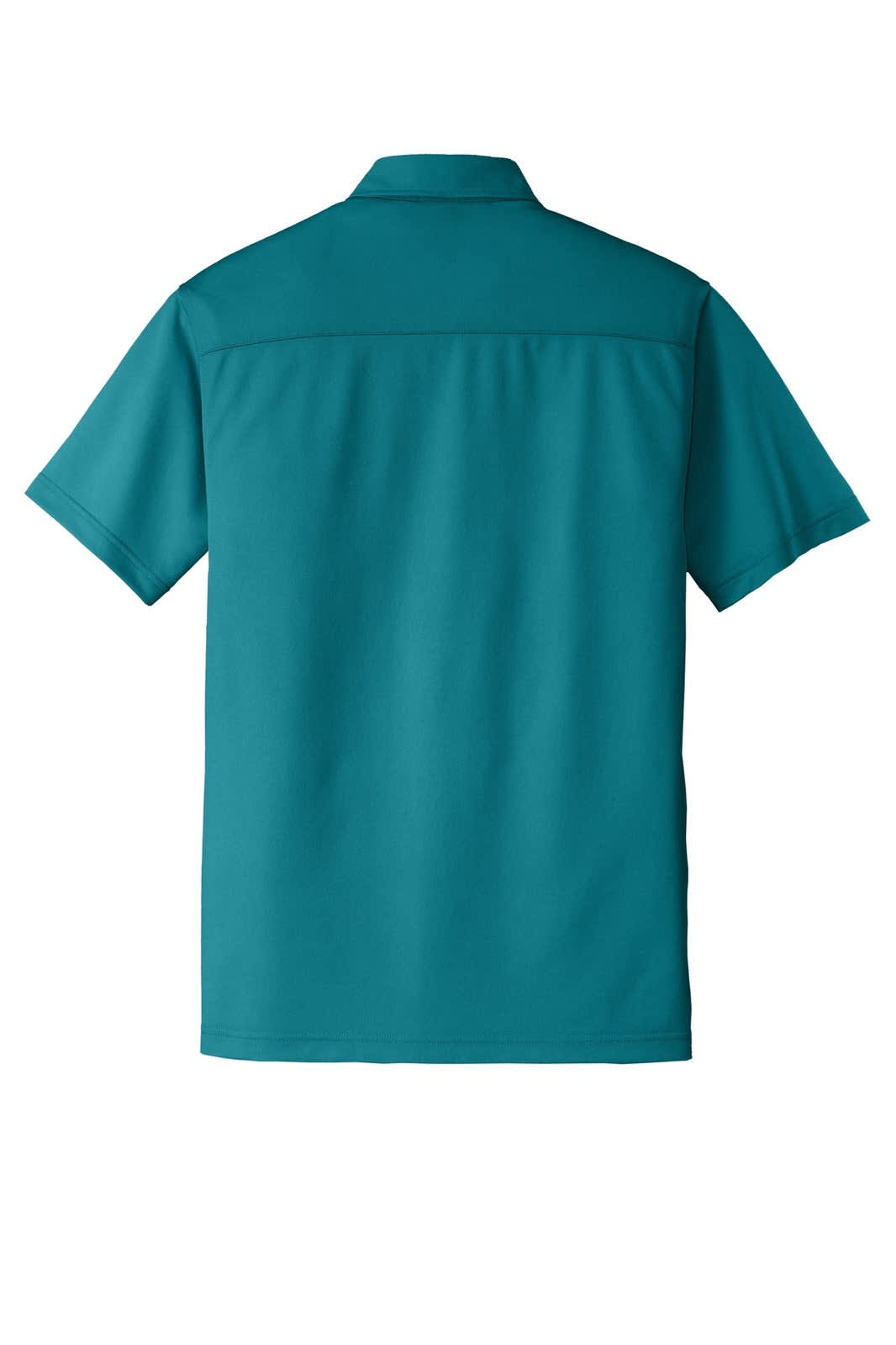 A teal polo shirt featuring a collared neckline and short sleeves, with a logo on the back.