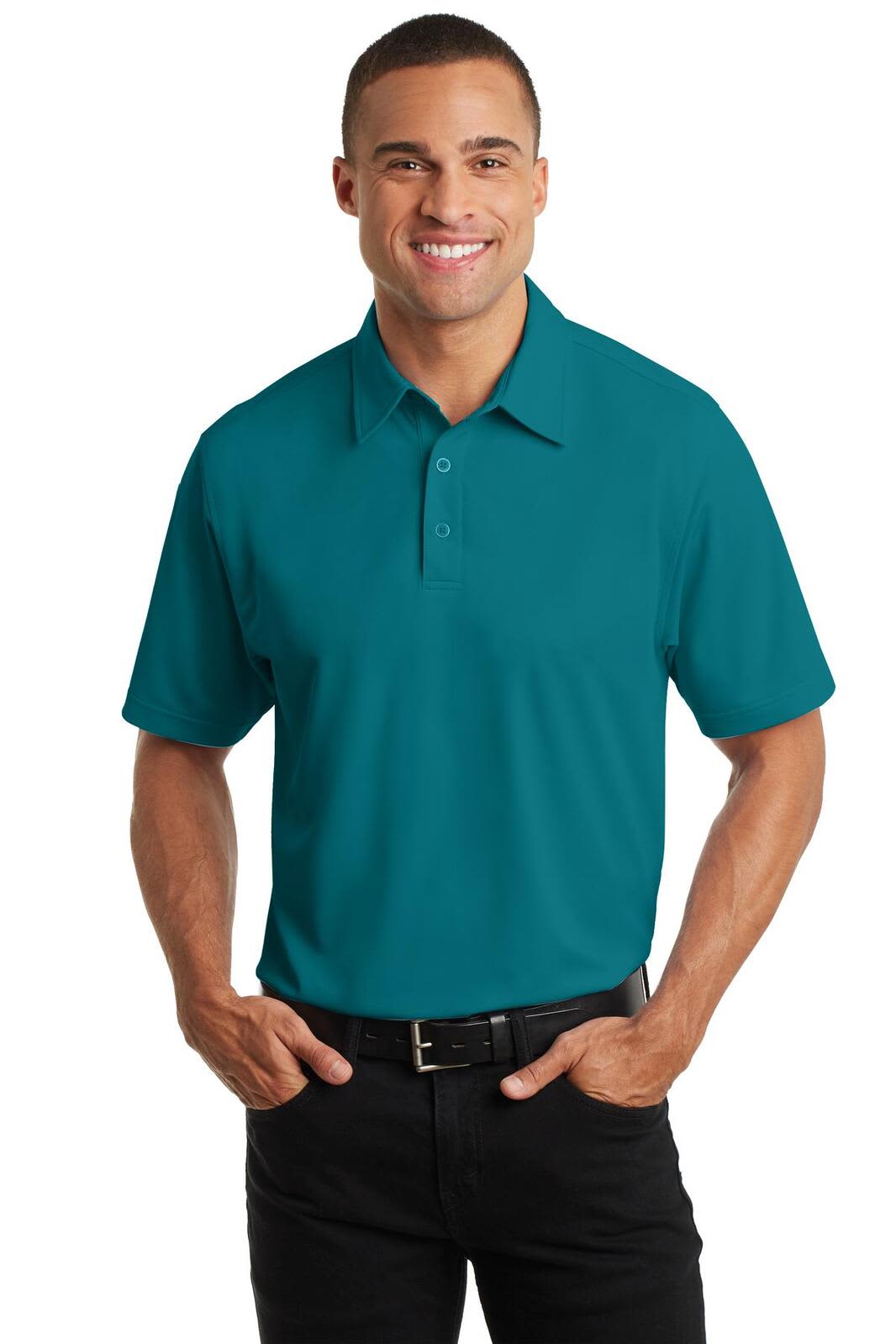 A teal polo shirt featuring a collar and a logo on the chest, worn by a smiling male model.