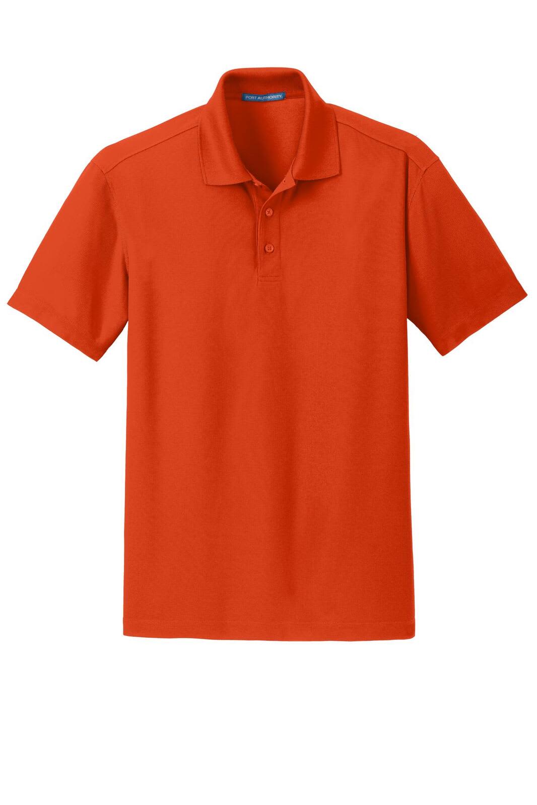 An orange polo shirt with a collar, short sleeves, and a buttoned placket. It features a logo on the chest.