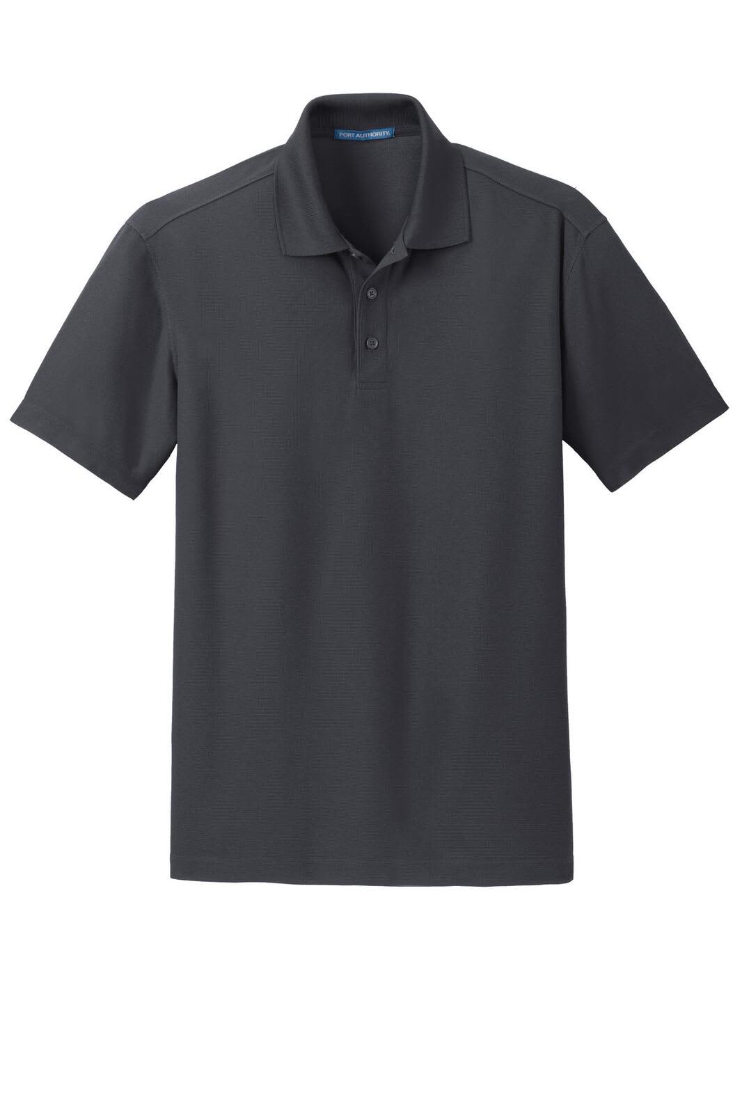 A charcoal grey polo shirt with a collar, three-button placket, and a logo.