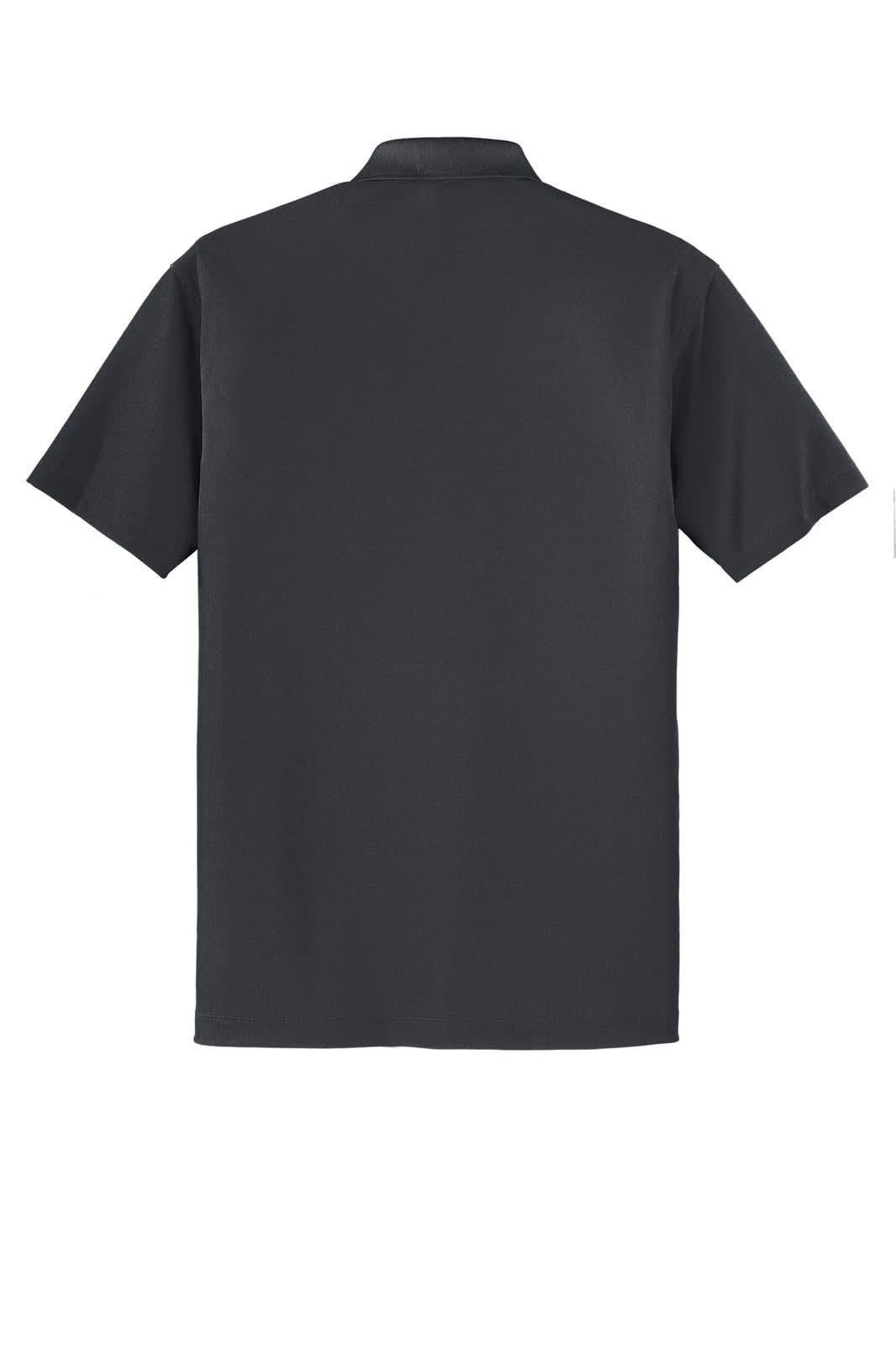 A grey Port Authority Dry Zone Grid Polo shirt with a collar and short sleeves, featuring a logo on the back.
