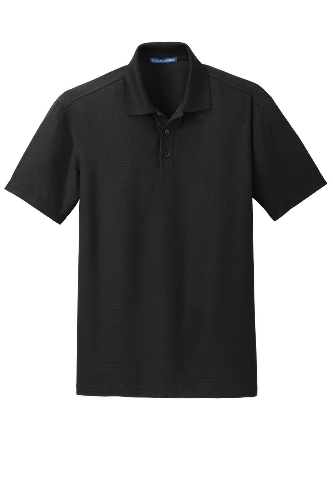 A black polo shirt with a classic collar, featuring a three-button placket and a logo on the chest.