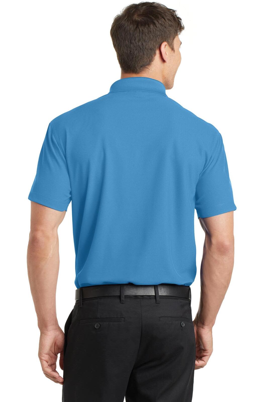 A blue polo shirt with a collar, displayed from the back, featuring a logo on the upper back.